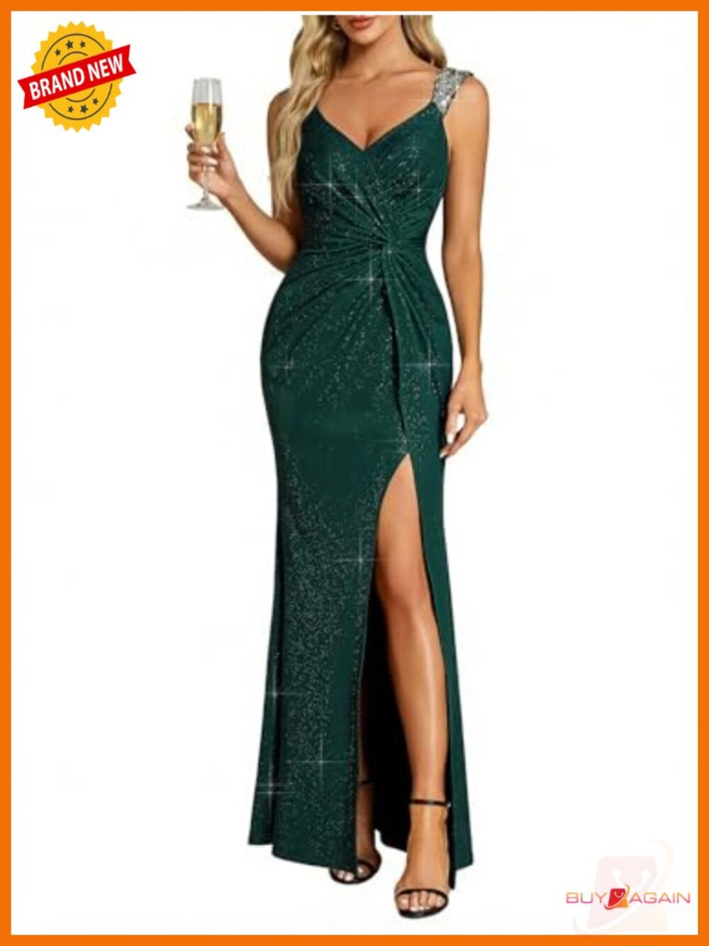 Glitter Sleeveless V-Neck High Split Fishtail Bodycon Formal Evening Gown